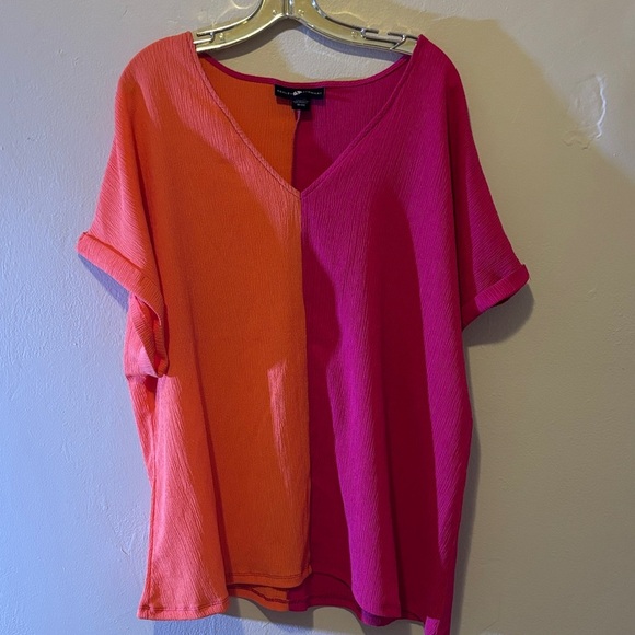 Ashley Stewart V-Neck Colorblock Blouse - Orange and Pink - Picture 1 of 1